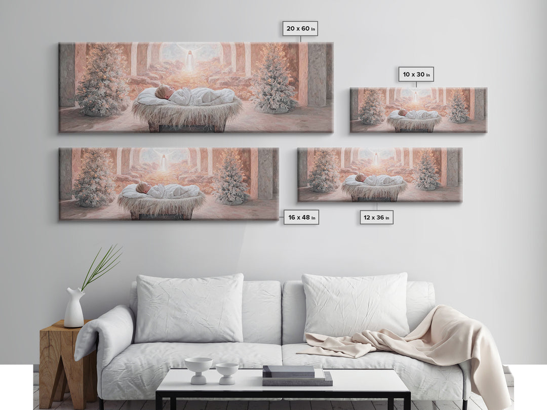 Manger Dawn Peace | Framed Canvas Print | Christian Art Canvas | Panoramic Art | Christian Christmas Art | Jesus Painting | Christian Decor