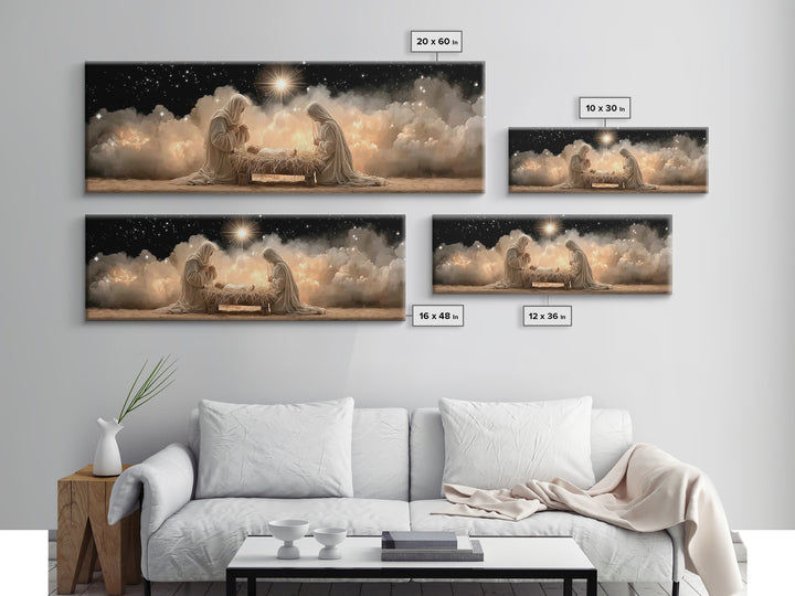 Celestial Manger Peace – Framed Canvas Print – Panoramic Art – Christian Wall Art – Christian Art Canvas – Christmas Art – Jesus Painting –