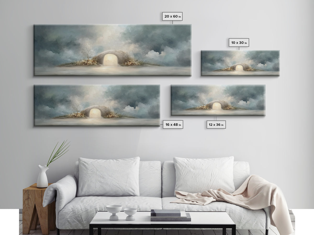Heavenly Tomb Glow | Framed Canvas Print | Christian Wall Art | Christian Art Canvas | Christian Painting | Panoramic Wall Art | Christmas