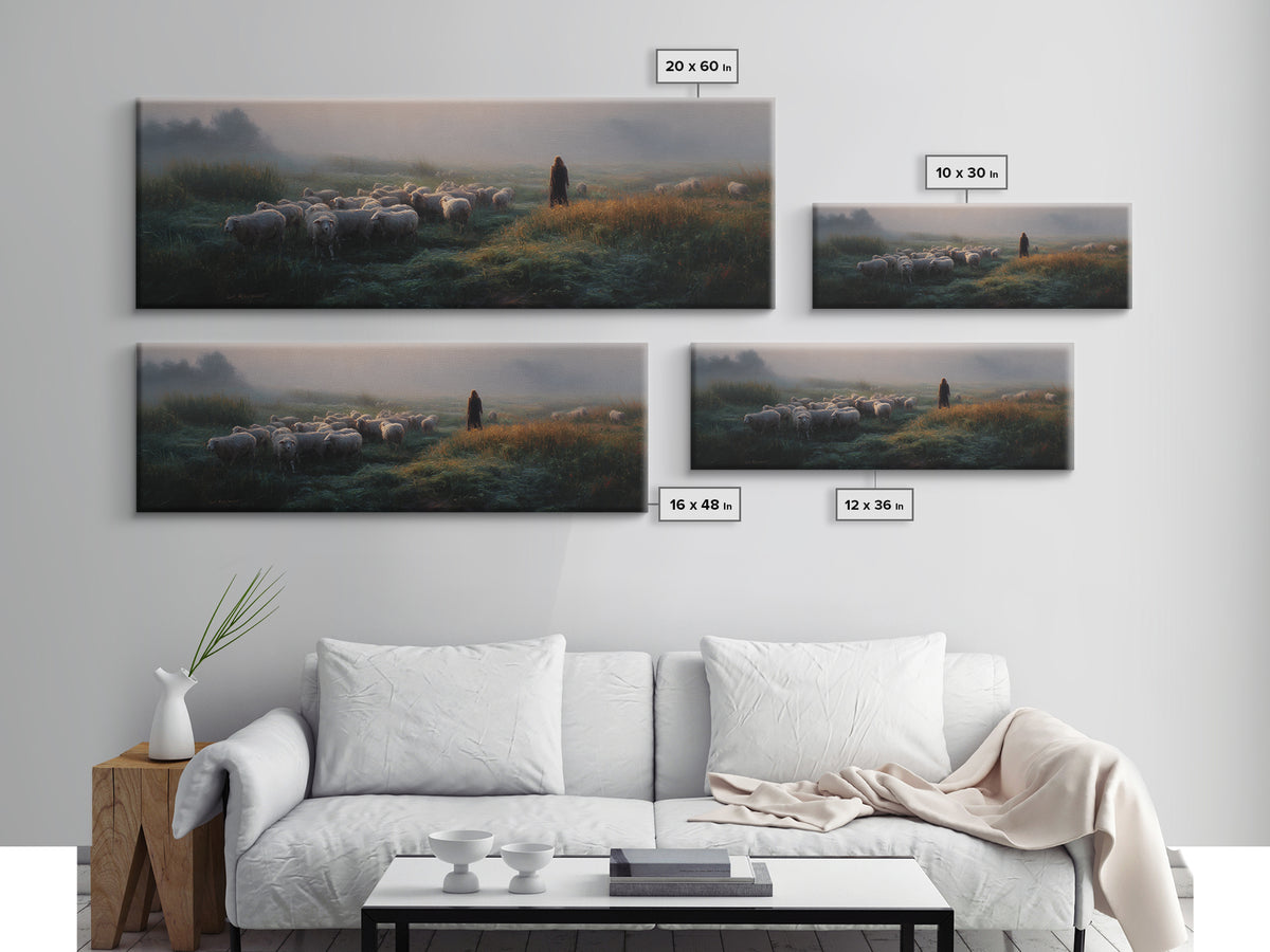 Morning Shepherd Light – Framed Canvas Print – Panoramic Print – Christian Wall Art – Jesus Painting – Christian Art Canvas – Christian Chr