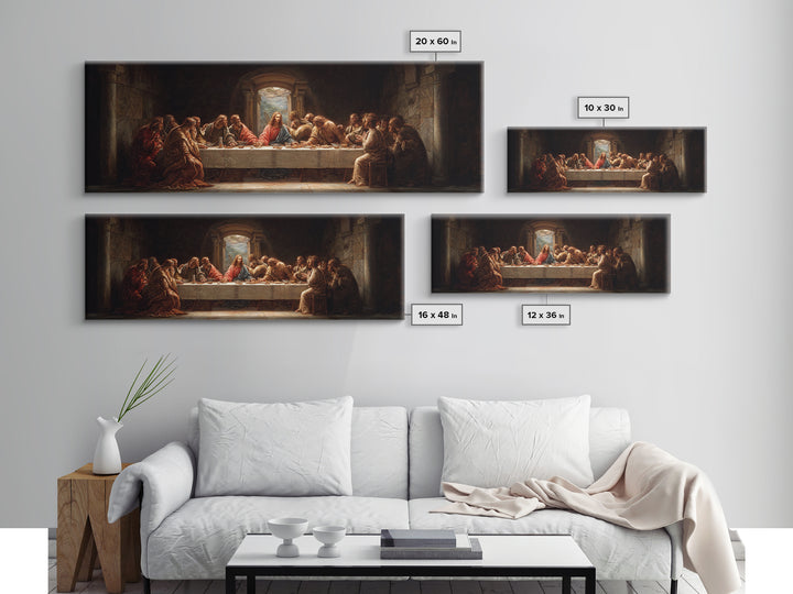 Sacred Supper Moment, Framed Canvas Print, Panoramic Painting, Christian Wall Art, Jesus Painting, Christian Art Canvas, Modern Christian A