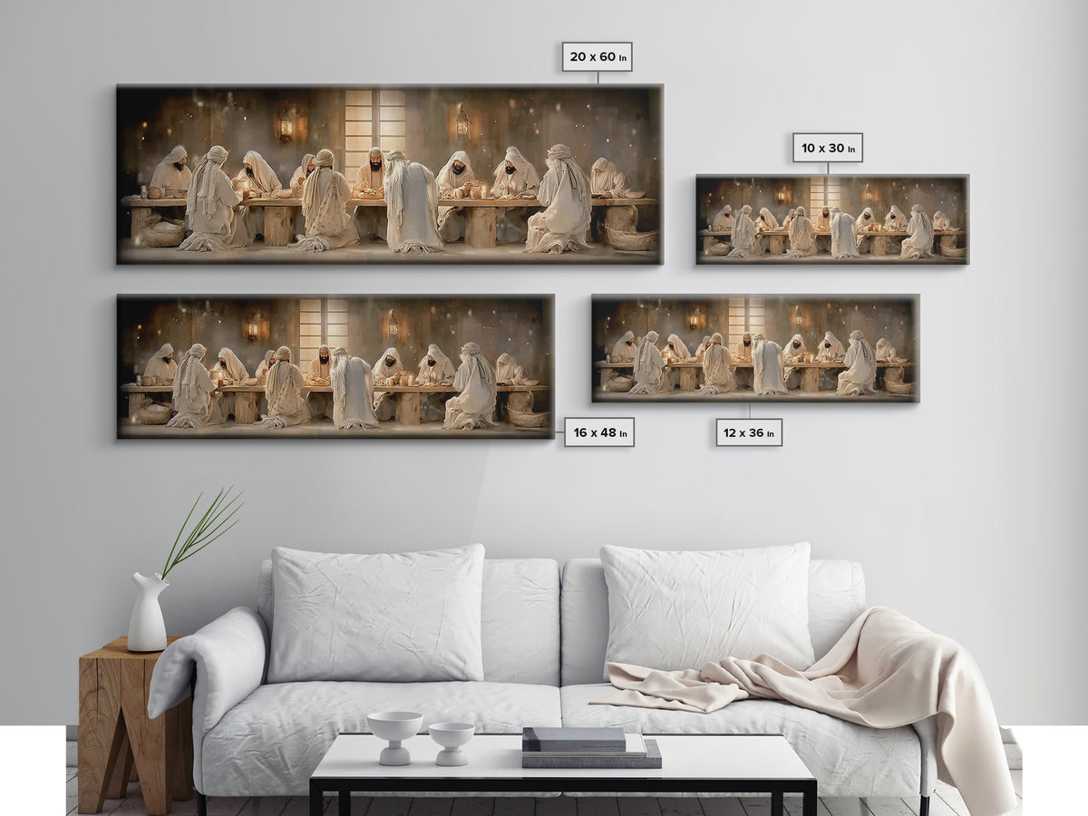 Lantern Lit Gathering | Framed Canvas Print | Panoramic Painting | Christian Wall Art | Jesus Canvas Art | Christian Christmas Art | Christ