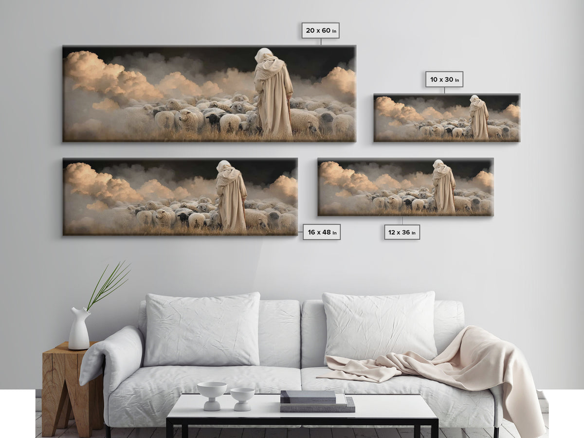 Guardian Of Flock – Framed Canvas Print – Panoramic Art – Jesus Canvas Art – Christian Wall Art – Christian Christmas Decor – Christian Pai