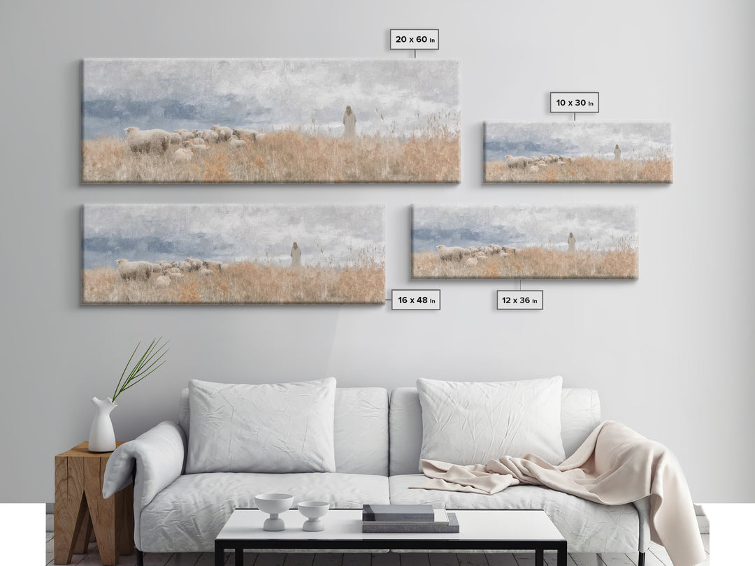 Shoreline Shepherd Dawn | Framed Canvas Print | Panoramic Frame | Christian Art Canvas | Jesus Painting | Christian Wall Art | Subtle Chris