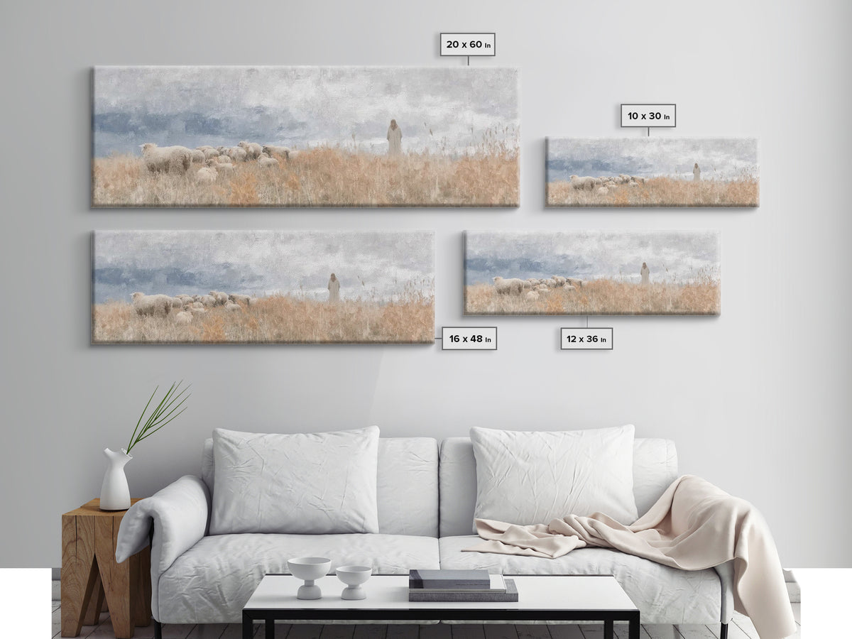 Shoreline Shepherd Dawn | Framed Canvas Print | Panoramic Frame | Christian Art Canvas | Jesus Painting | Christian Wall Art | Subtle Chris