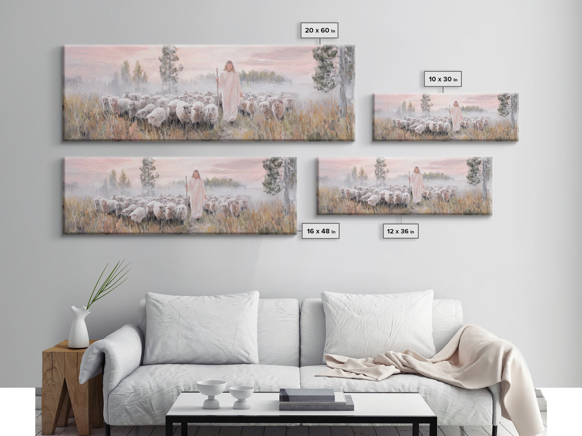 Radiant Shepherd Light, Framed Canvas Print, Panoramic Wall Art, Jesus Canvas Art, Christian Art, Christian Christmas Art, Modern Christian