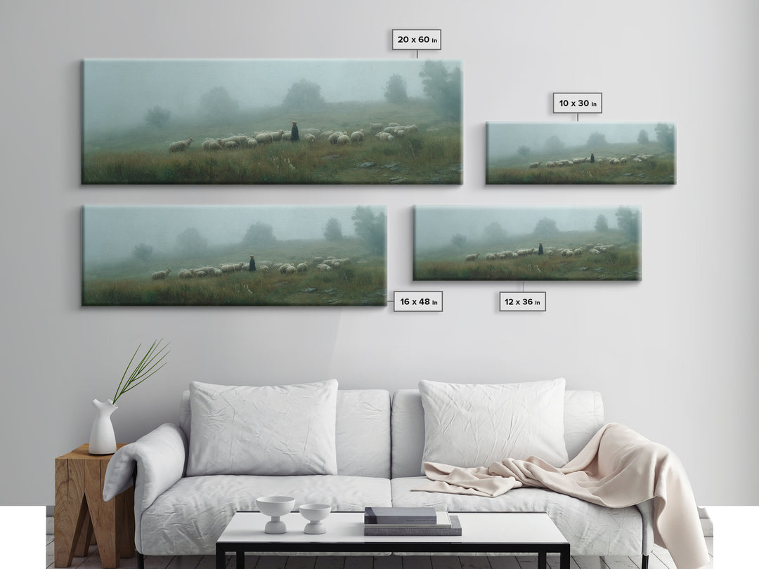 Shepherds In Mist | Framed Canvas Print | Panoramic Art | Christian Wall Art | Christian Art Canvas | Jesus Painting | Subtle Christian Art