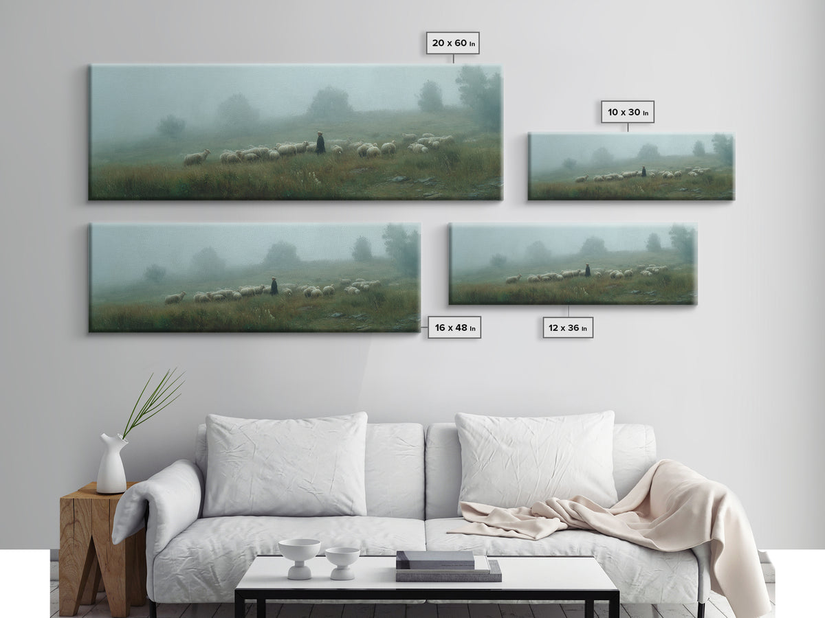 Shepherds In Mist | Framed Canvas Print | Panoramic Art | Christian Wall Art | Christian Art Canvas | Jesus Painting | Subtle Christian Art