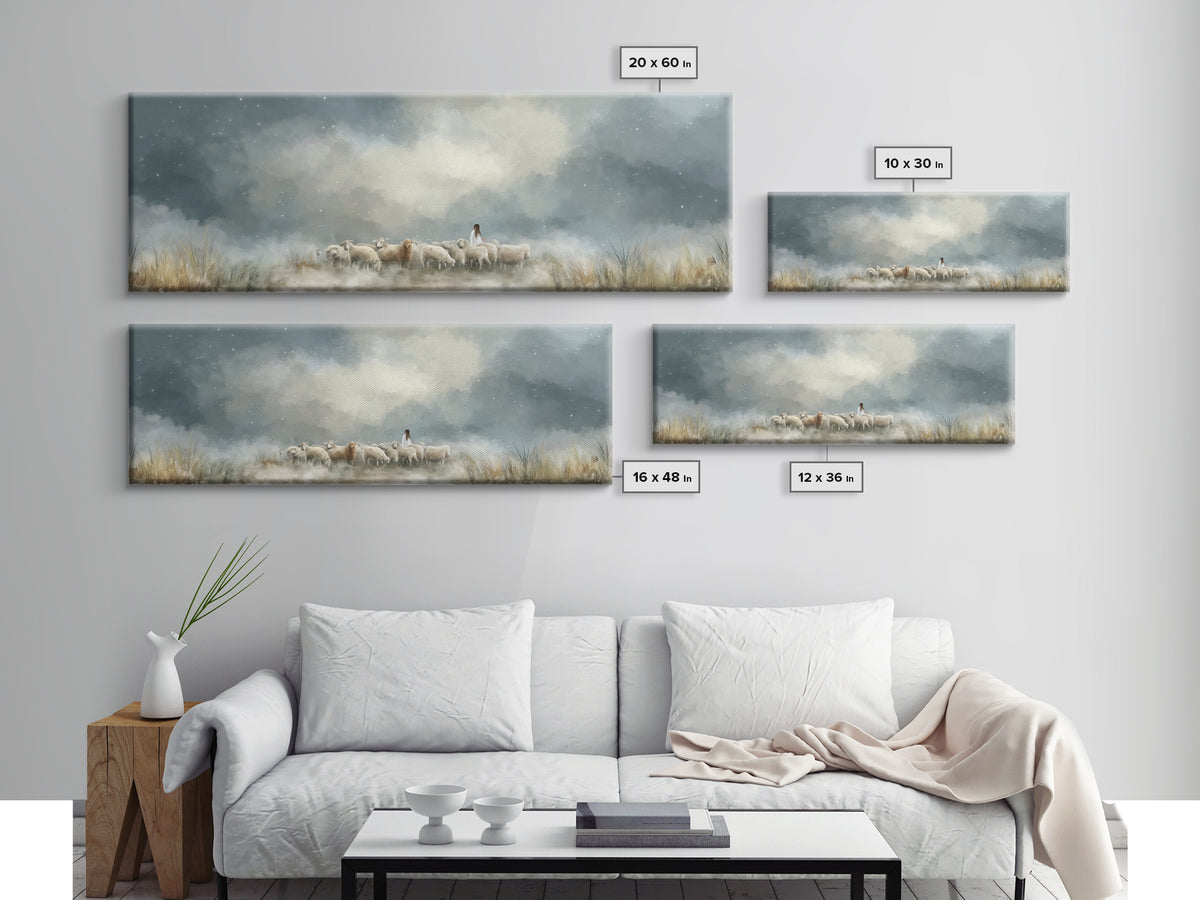 Starry Night Flock – Framed Canvas Print – Panoramic Wall Art – Christian Art Canvas – Christian Christmas Art – Jesus Painting – Christian