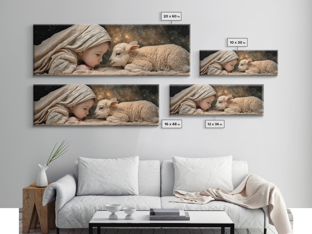 Little Lamb Blessing – Framed Canvas Print – Christian Painting – Panoramic Wall Art – Christmas Art – Christian Art Gift – Christian Decor