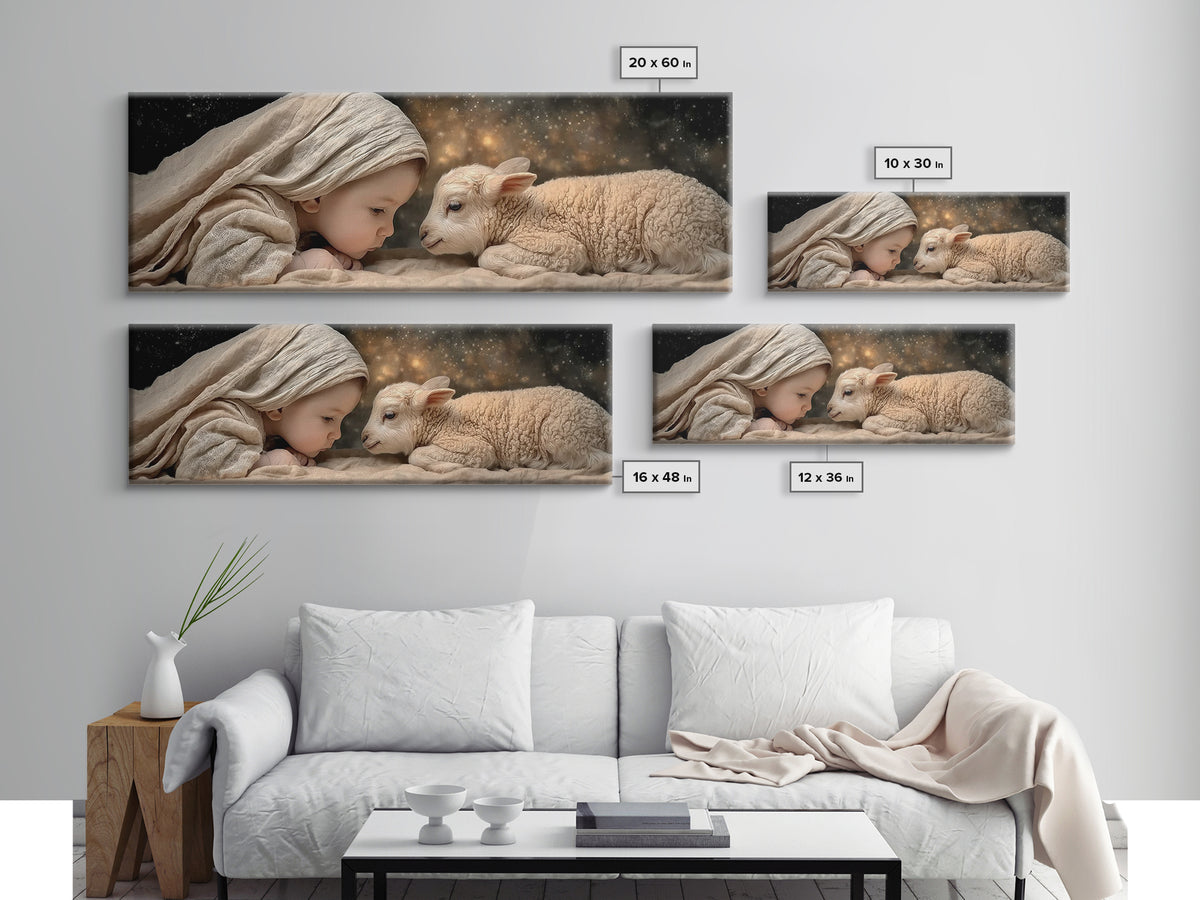 Little Lamb Blessing – Framed Canvas Print – Christian Painting – Panoramic Wall Art – Christmas Art – Christian Art Gift – Christian Decor