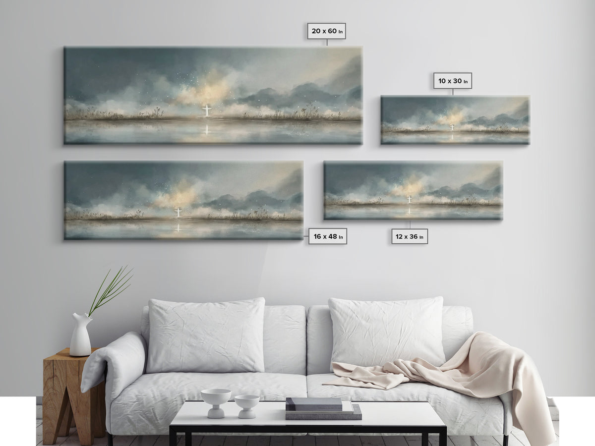 Cross At Horizon | Framed Canvas Print | Panoramic Print | Christian Art Canvas | Christian Wall Art | Minimalist Christian Art | Christmas
