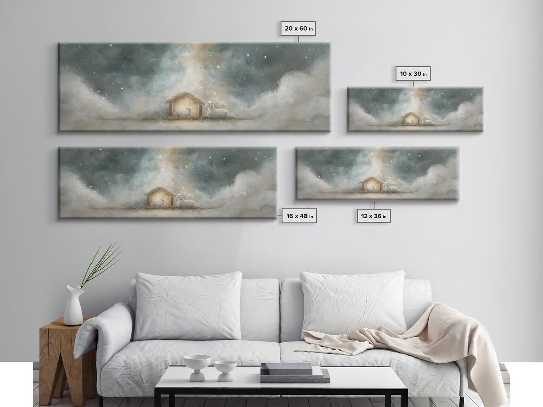 Starry Holy Night, Framed Canvas Print, Christian Wall Art, Panoramic Painting, Christian Christmas Art, Christian Art Print, Jesus Canvas