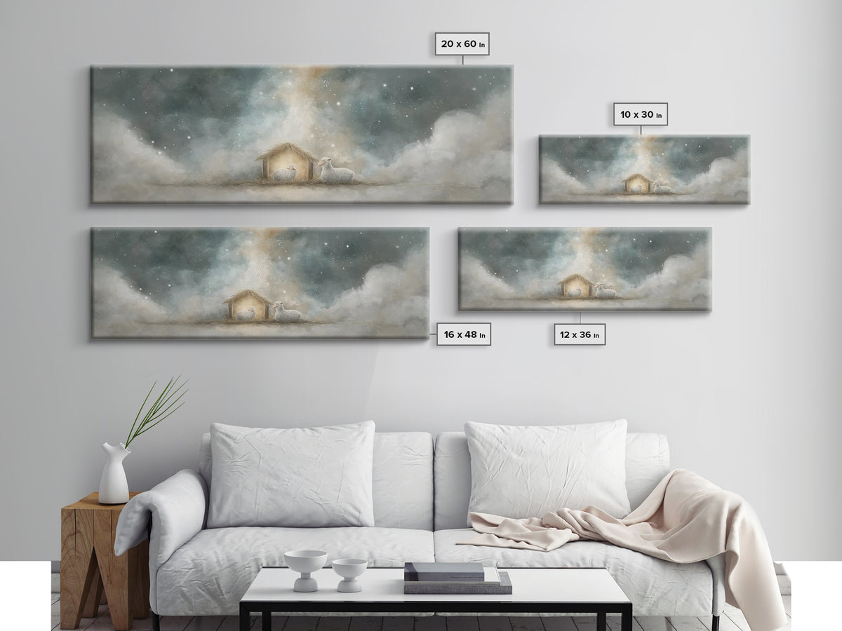 Starry Holy Night, Framed Canvas Print, Christian Wall Art, Panoramic Painting, Christian Christmas Art, Christian Art Print, Jesus Canvas