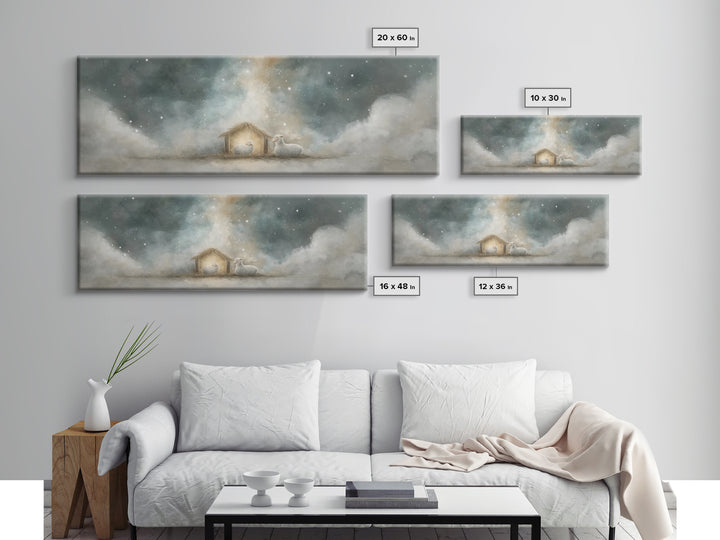 Starry Holy Night, Framed Canvas Print, Christian Wall Art, Panoramic Painting, Christian Christmas Art, Christian Art Print, Jesus Canvas