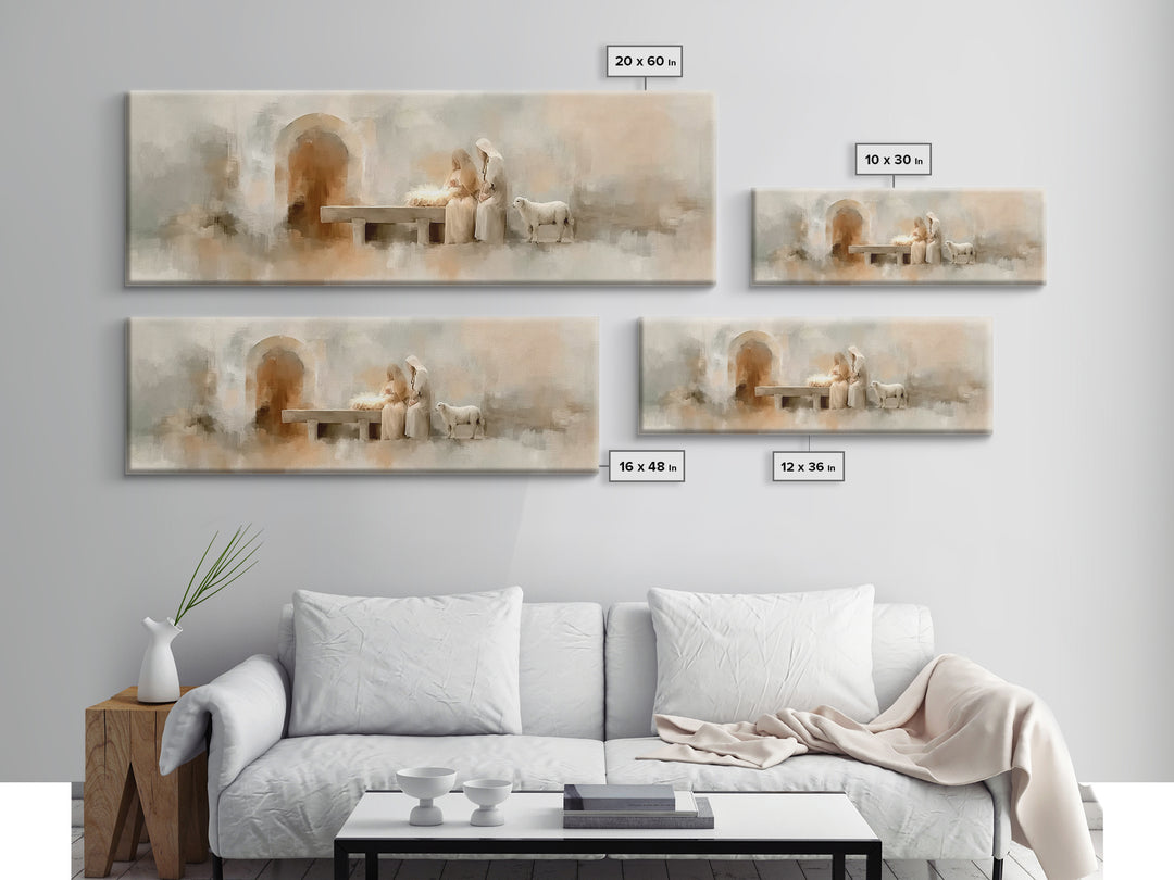 Sacred Manger Light – Framed Canvas Print – Christmas Art – Panoramic Frame – Christian Christmas Decor – Christian Painting – Christian Ar