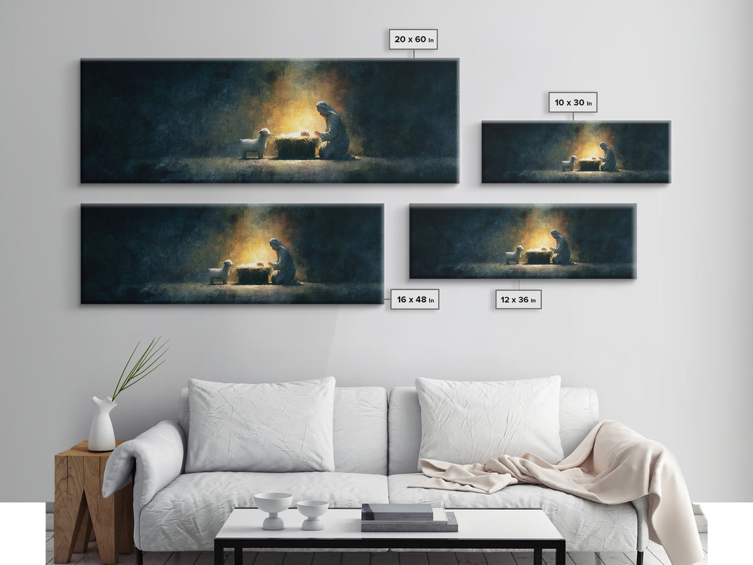 Silent Nativity Glow – Framed Canvas Print – Panoramic Art – Christian Wall Art – Christmas Art – Christian Art Print – Jesus Christmas Art