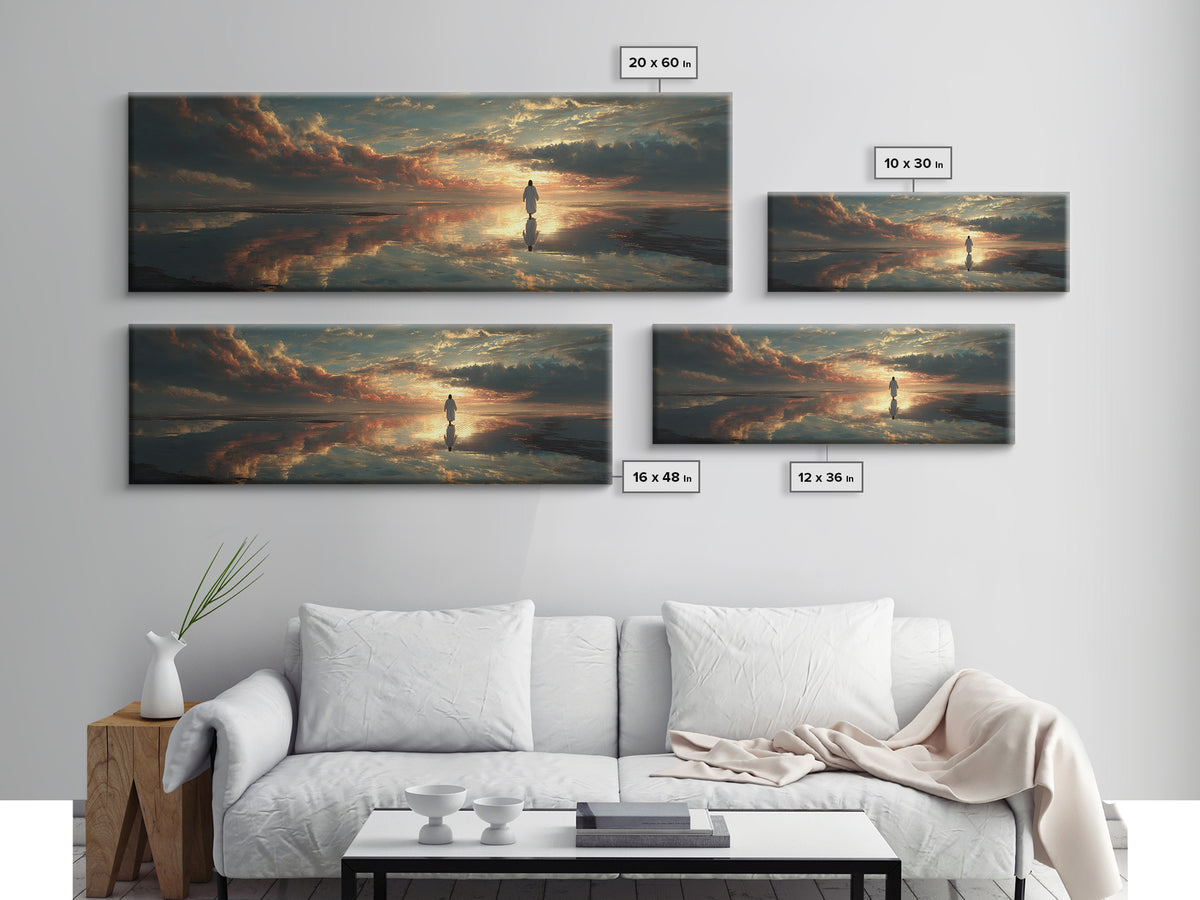 Radiant Horizon Walk, Framed Canvas Print, Jesus Wall Art, Panoramic Art, Christian Art Canvas, Moody Christian Art