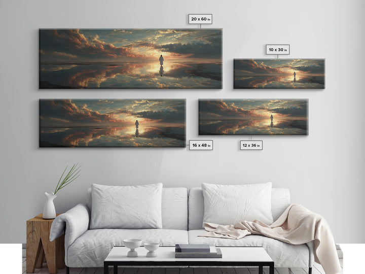 Radiant Horizon Walk, Framed Canvas Print, Jesus Wall Art, Panoramic Art, Christian Art Canvas, Moody Christian Art