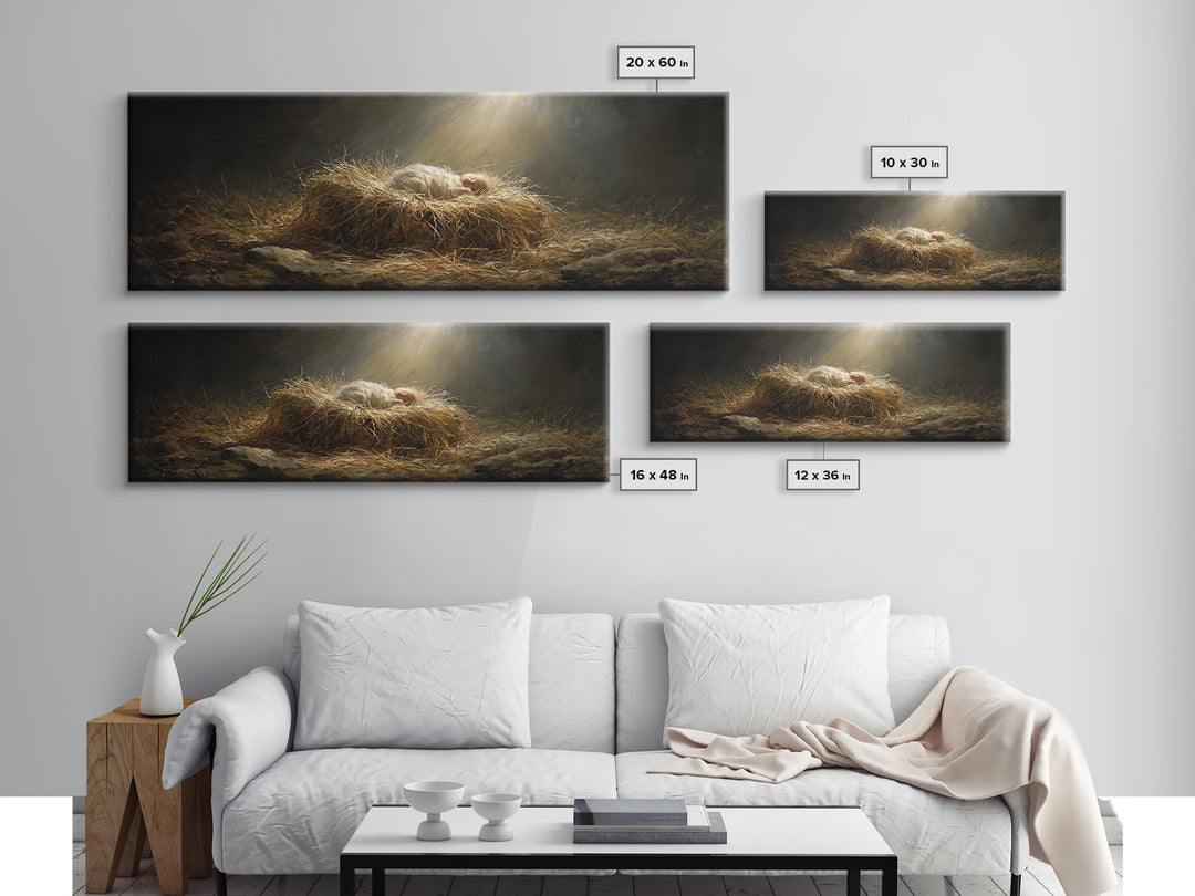 Holy Night Radiance, Framed Canvas Print, Christian Christmas Art, Jesus Painting, Panoramic Art, Christian Wall Art, Christian Art Canvas,