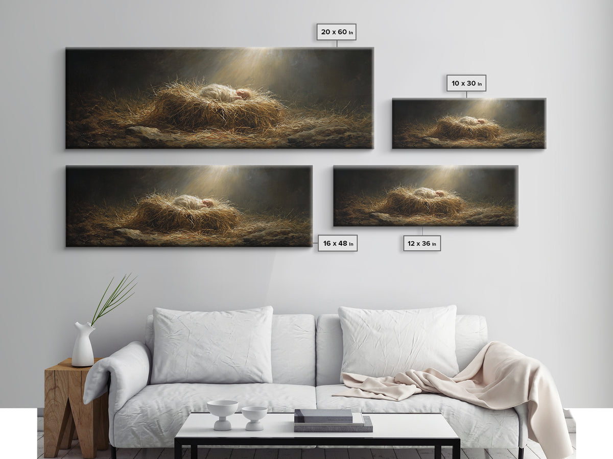 Holy Night Radiance, Framed Canvas Print, Christian Christmas Art, Jesus Painting, Panoramic Art, Christian Wall Art, Christian Art Canvas,