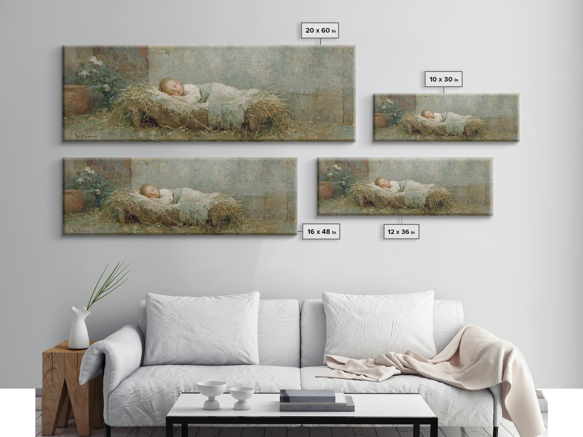 Quiet Stable Grace, Framed Canvas Print, Christian Art Canvas, Christian Wall Art, Panoramic Painting, Christian Christmas Art, Jesus Chris