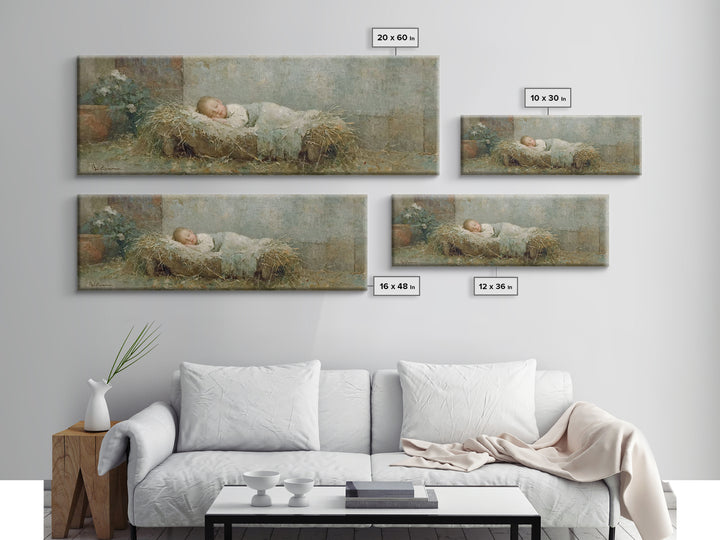 Quiet Stable Grace, Framed Canvas Print, Christian Art Canvas, Christian Wall Art, Panoramic Painting, Christian Christmas Art, Jesus Chris