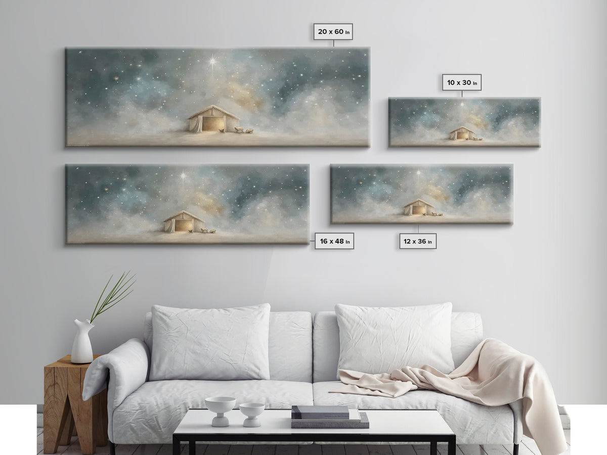 Silent Night Stable, Framed Canvas Print, Panoramic Painting, Christian Wall Art, Christmas Art, Christian Art Canvas, Christian Christmas