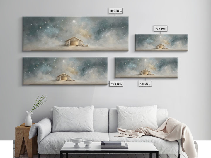 Silent Night Stable, Framed Canvas Print, Panoramic Painting, Christian Wall Art, Christmas Art, Christian Art Canvas, Christian Christmas
