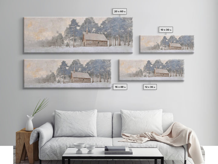 Winter Chapel Peace | Framed Canvas Print | Panoramic Art | Christian Wall Art | Christian Art Canvas | Christmas Art | Christian Christmas