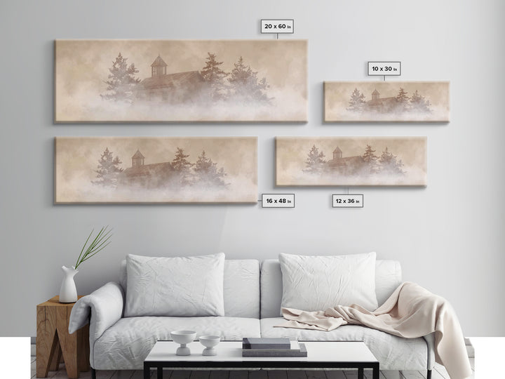 Foggy Chapel Stillness, Framed Canvas Print, Panoramic Frame, Christian Art Canvas, Christmas Art, Christian Wall Art, Christian Christmas