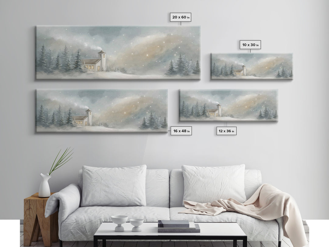 Snowy Chapel Light – Framed Canvas Print – Panoramic Painting – Christian Wall Art – Christmas Art – Christian Art Canvas – Christian Chris