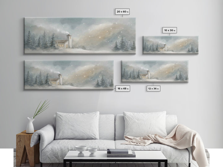 Snowy Chapel Light – Framed Canvas Print – Panoramic Painting – Christian Wall Art – Christmas Art – Christian Art Canvas – Christian Chris
