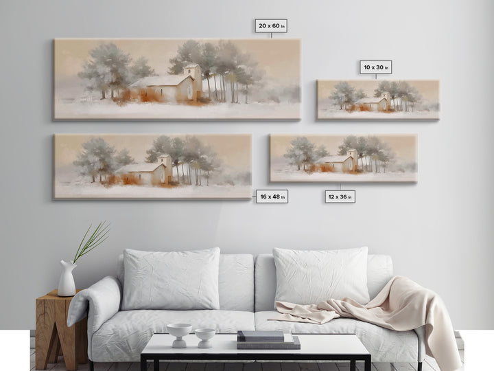 Silent Chapel Glow, Framed Canvas Print, Christian Wall Art, Christmas Canvas Wall Art, Christian Christmas Art, Panoramic Print, Christian