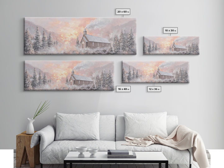 Snowlit Church Dawn | Framed Canvas Print | Christian Wall Art | Christmas Art Work | Christian Christmas Decor | Panoramic Painting | Chri