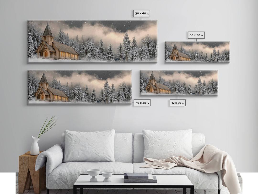 Midnight Chapel Light – Framed Canvas Print – Christian Wall Art – Framed Christmas Art – Christian Christmas Decorations – Panoramic Art –