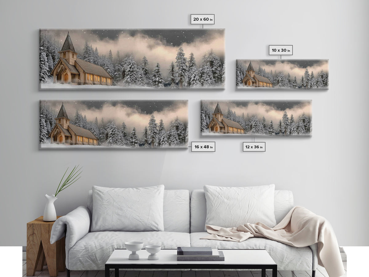 Midnight Chapel Light – Framed Canvas Print – Christian Wall Art – Framed Christmas Art – Christian Christmas Decorations – Panoramic Art –