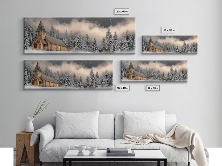 Midnight Chapel Light – Framed Canvas Print – Christian Wall Art – Framed Christmas Art – Christian Christmas Decorations – Panoramic Art –