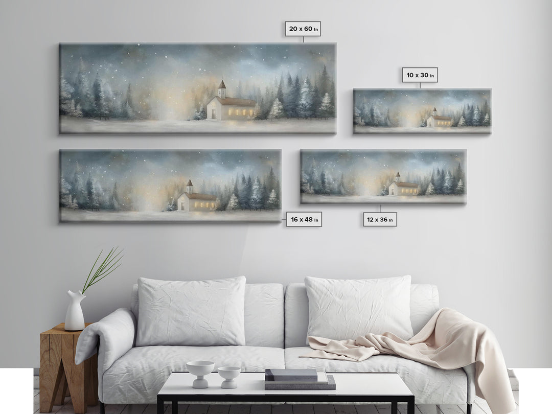 Winter Chapel Peace – Framed Canvas Print – Christian Wall Art – Panoramic Print – Christmas Art – Modern Christian Art – Christian Gift Id