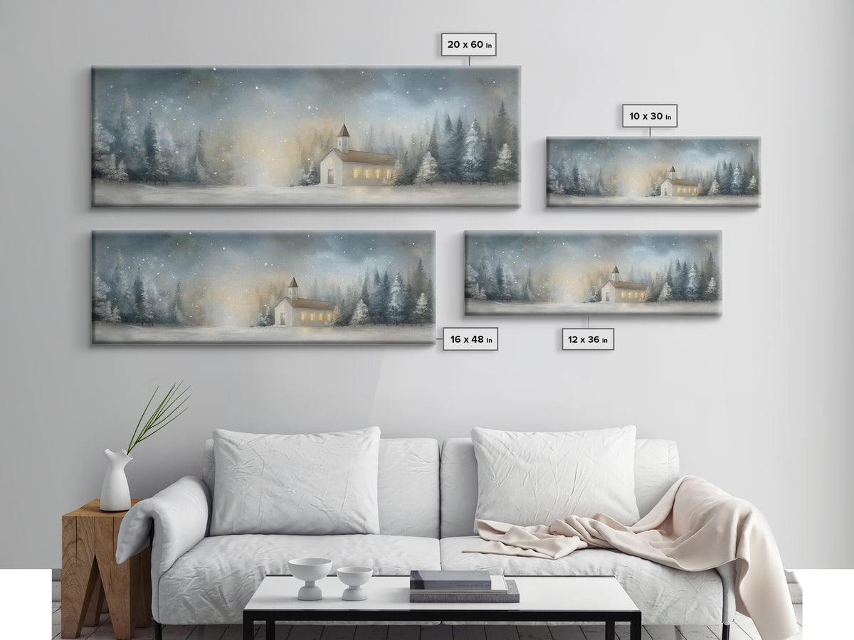 Winter Chapel Peace – Framed Canvas Print – Christian Wall Art – Panoramic Print – Christmas Art – Modern Christian Art – Christian Gift Id