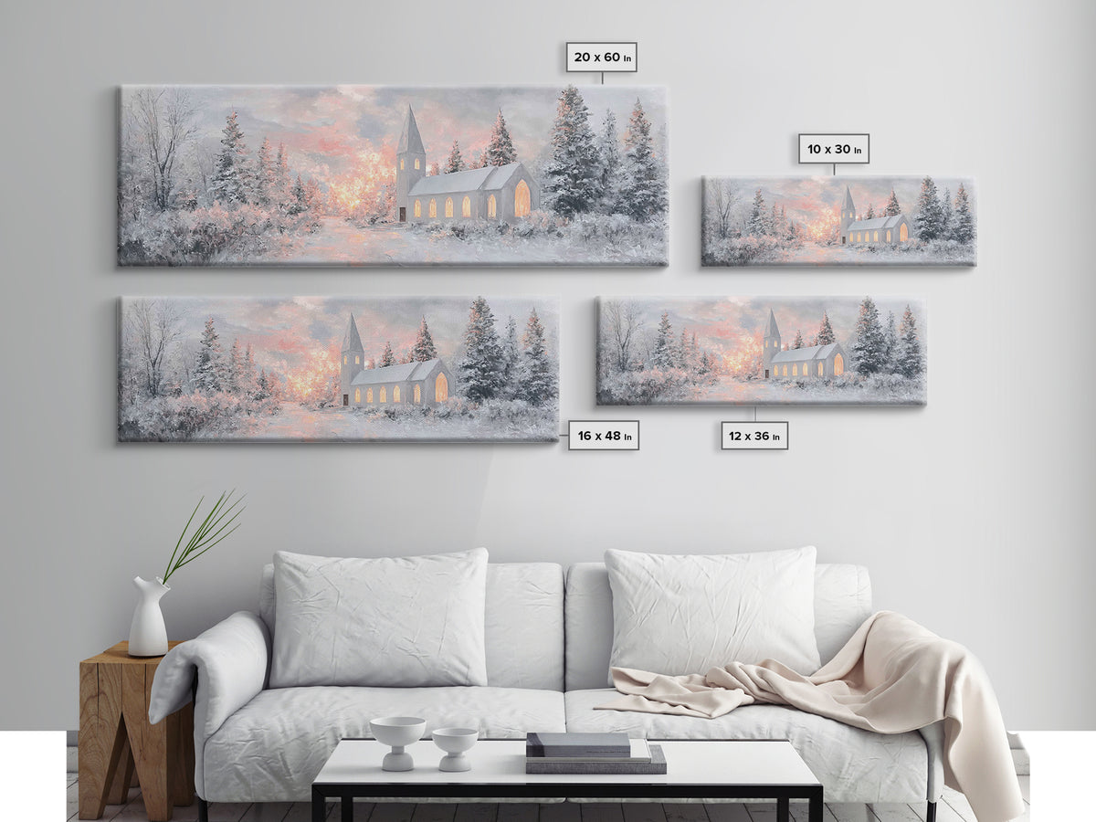 Radiant Winter Church, Framed Canvas Print, Christmas Wall Art, Christian Art Canvas, Moody Christmas Art, Panoramic Wall Art, Christian De