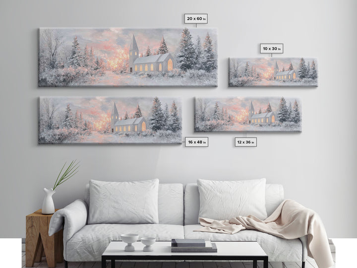 Radiant Winter Church, Framed Canvas Print, Christmas Wall Art, Christian Art Canvas, Moody Christmas Art, Panoramic Wall Art, Christian De