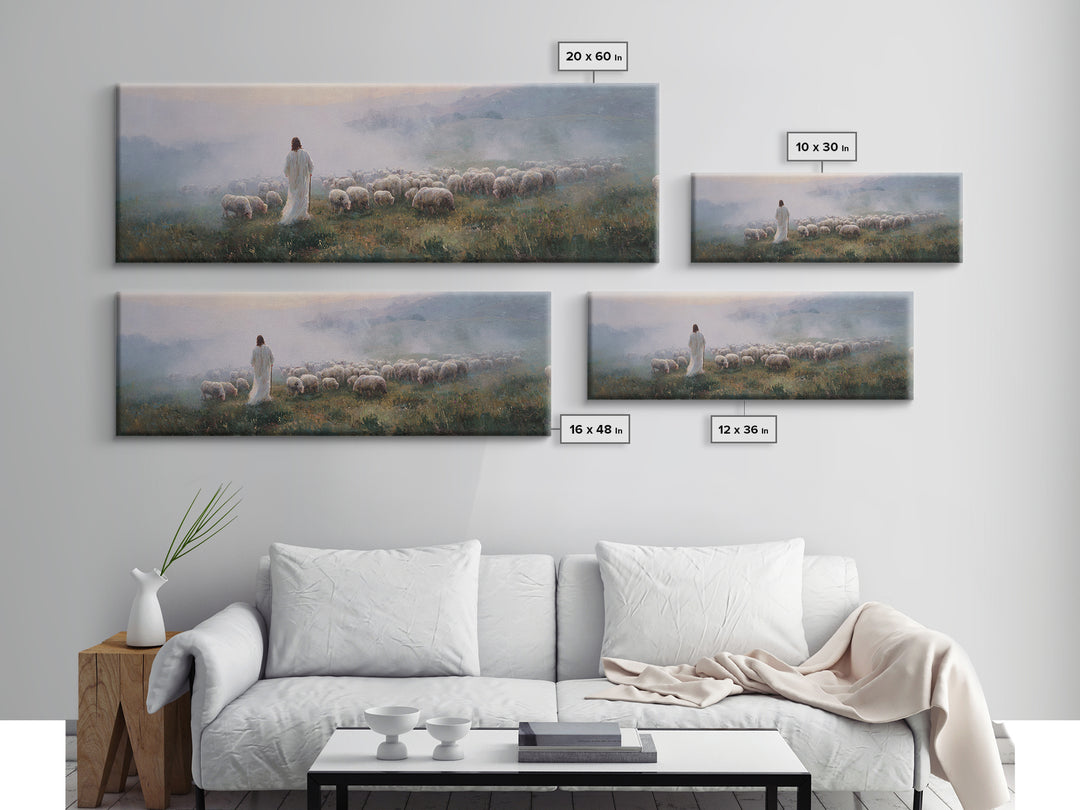 Morning Shepherd Peace, Framed Canvas Print, Jesus Painting, Christian Art Canvas, Pastoral Christian Art, Panoramic Art, Christian Gift Id