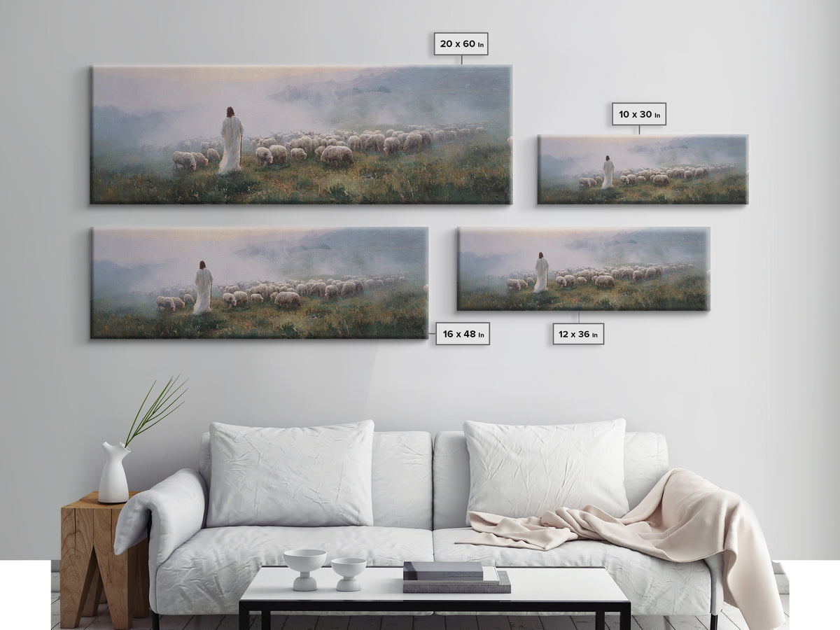 Morning Shepherd Peace, Framed Canvas Print, Jesus Painting, Christian Art Canvas, Pastoral Christian Art, Panoramic Art, Christian Gift Id
