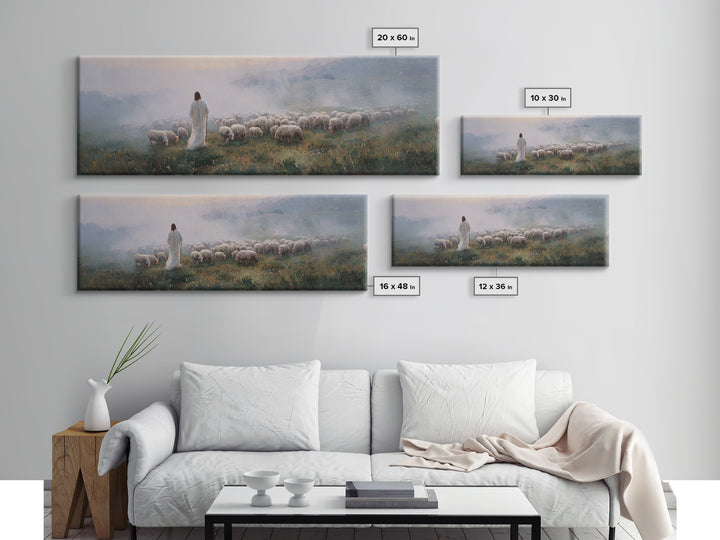Morning Shepherd Peace, Framed Canvas Print, Jesus Painting, Christian Art Canvas, Pastoral Christian Art, Panoramic Art, Christian Gift Id