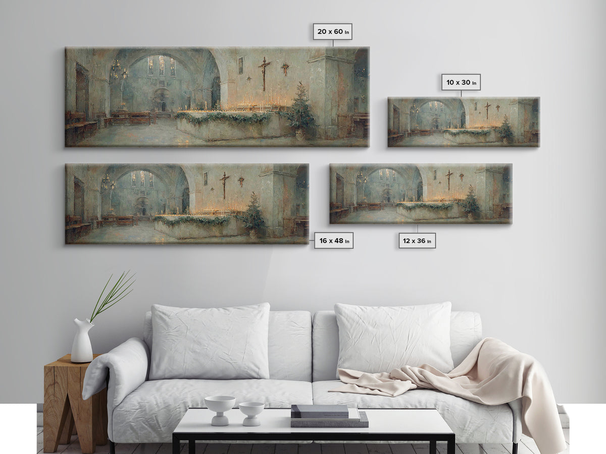 Glowing Chapel Stillness, Framed Canvas Print, Christmas Art Prints, Christian Wall Art, Panoramic Art, Christian Art Canvas, Christian Chr