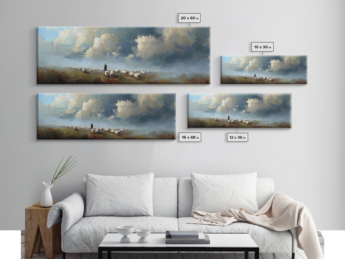 Morning Shepherd Light, Framed Canvas Print, Christian Wall Art, Panoramic Art, Jesus Painting, Modern Christian Art, Christmas Wall Art