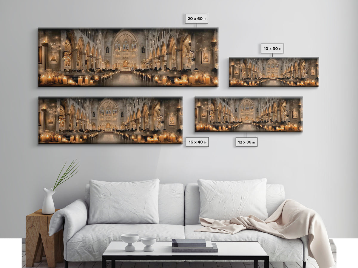 Cathedral Candle Vigil – Framed Canvas Print – Christian Wall Art – Panoramic Painting – Christian Christmas Art – Christian Art Canvas – C