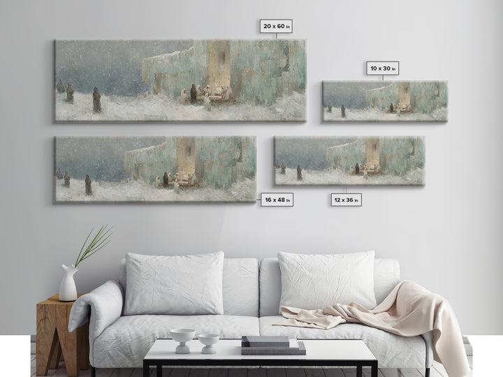 Winter Gathering Light, Framed Canvas Print, Christian Wall Art, Christian Art Canvas, Christmas Art Prints, Panoramic Painting, Christian