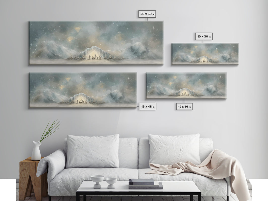 Starry Mountain Birth – Framed Canvas Print – Christian Christmas Art – Christian Art Canvas – Jesus Painting – Panoramic Frame – Christian